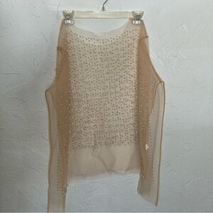 Sheer Mesh Nude Faux Pearl Beaded Top Cover Up Long Sleeve Size XXL
